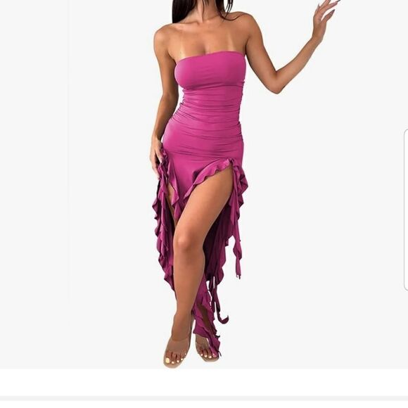 Balimtoy Women's Y2k Ruffle Dress Strapless Split Thigh Ruched Bodycon Midi Tube - Picture 1 of 5